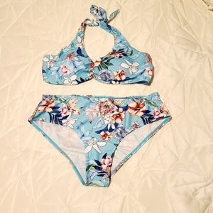 New Aqua Hawaiian print halter bikini